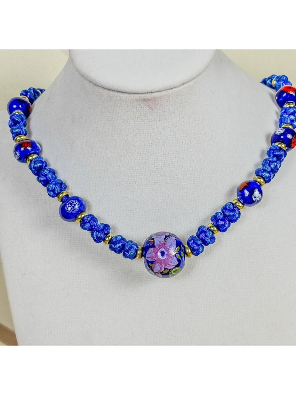Vintage Asian Blue Glass Floral Bead Necklace Chunky Boho Handmade 22” C84